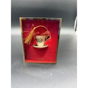 Lenox Holiday Teacup and Saucer Ornament Ivory China Gold Trim Holly BerryTassel